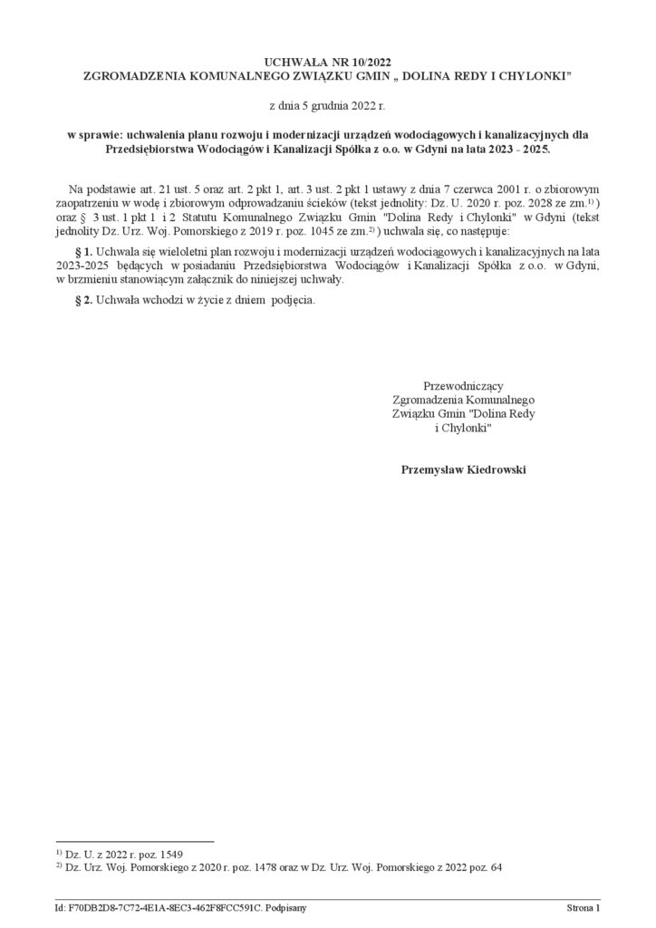 Uchwała nr 10/2022 Zgromadzenia Komunalnego Związku Gmin „Dolina Redy i Chylonki” w sprawie planu rozwoju sieci.